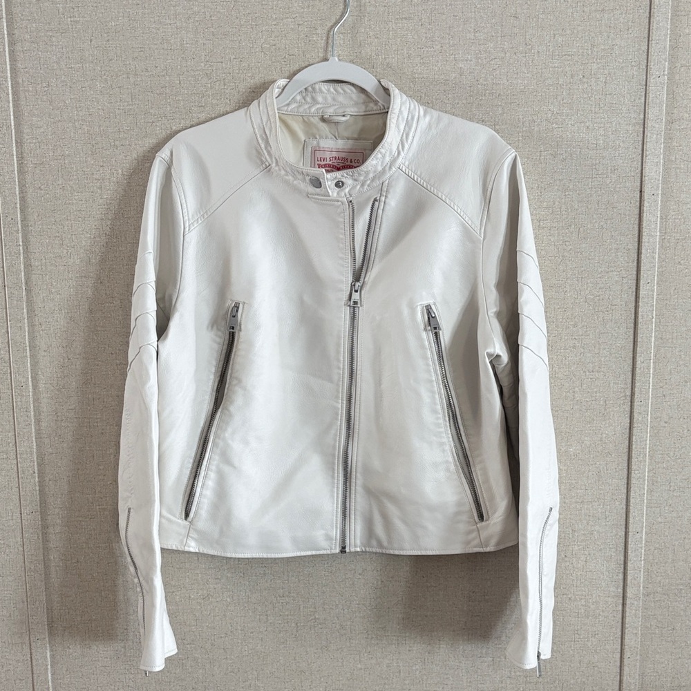 Levi's Faux Leather Moto Jacket Sz XL Off White  Long Sleeve Lined Full Zip Chic